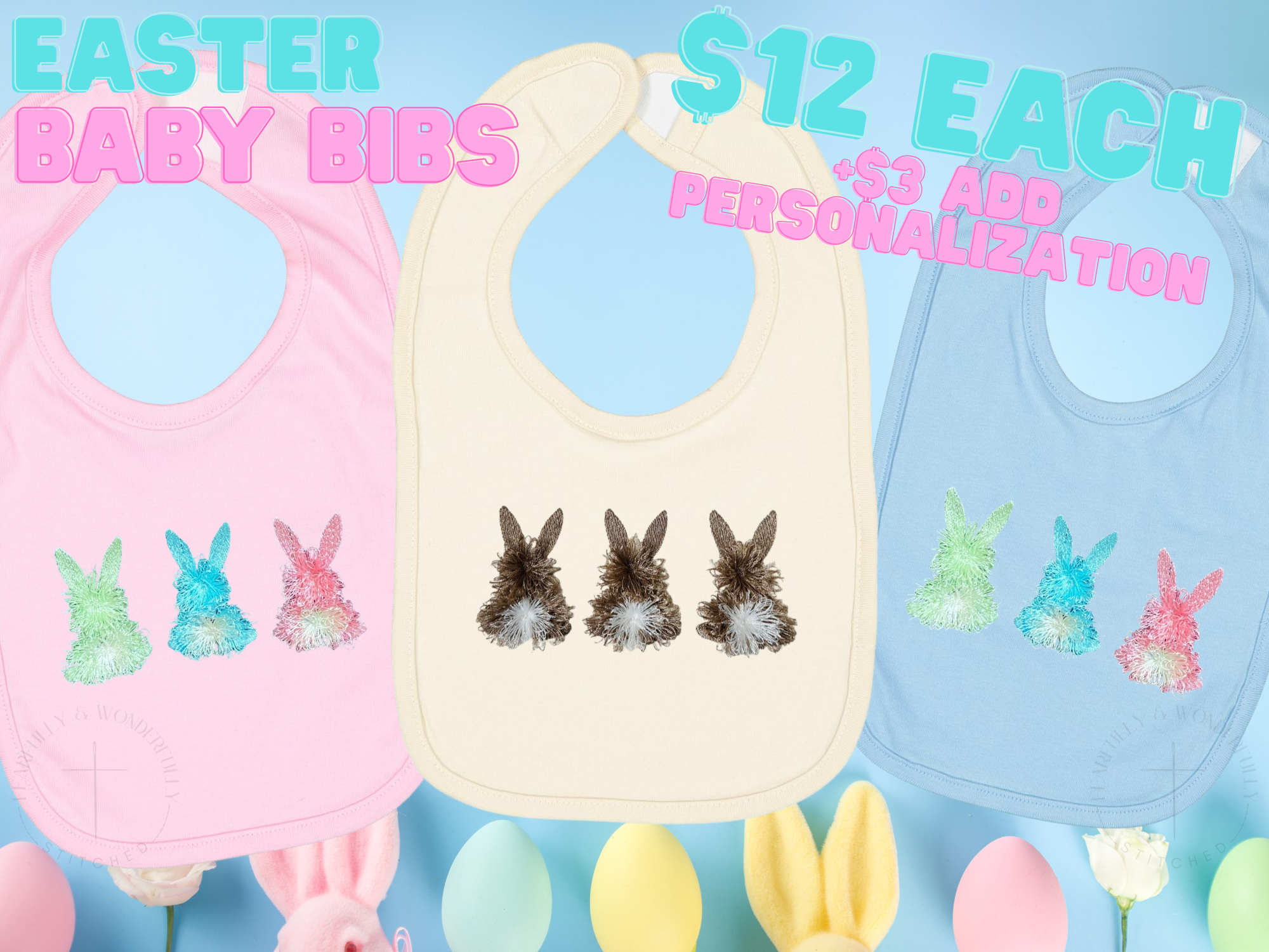 Easter Baby Bib with Fringed Bunnies