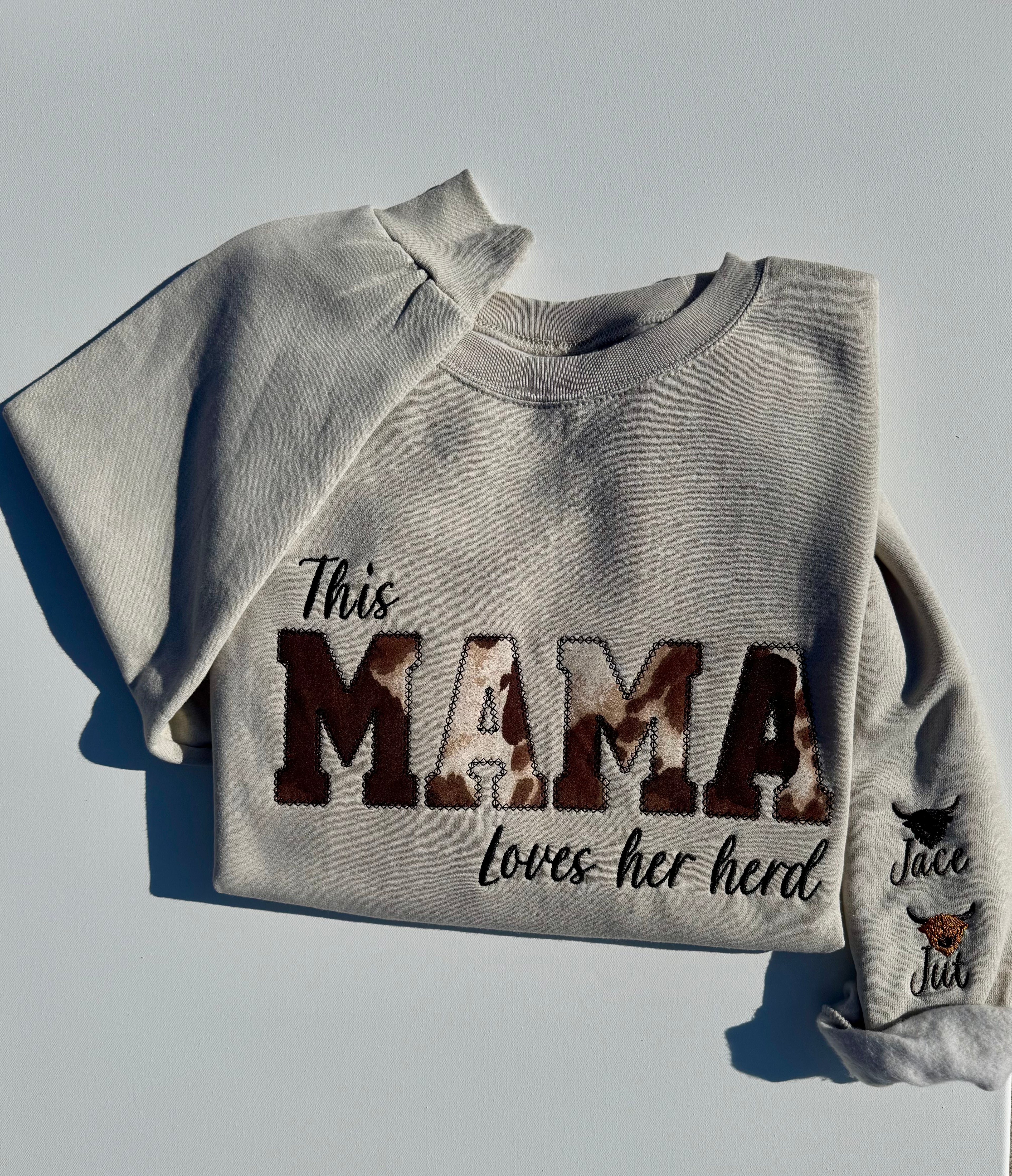 This MAMA Loves Her Herd | Cow Print Applique Crewneck